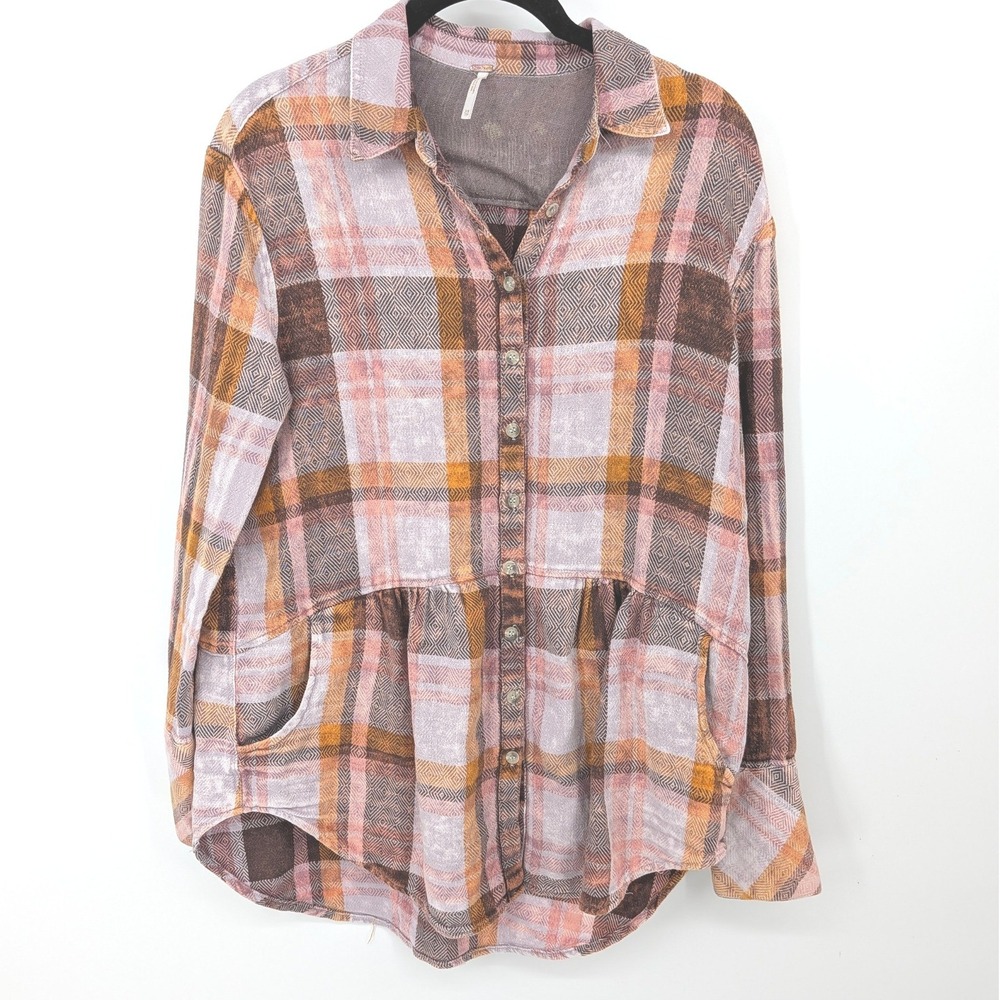 Free People Button Down Shirt Women XS Pink Brown Plaid Peplum Babydoll Flannel
